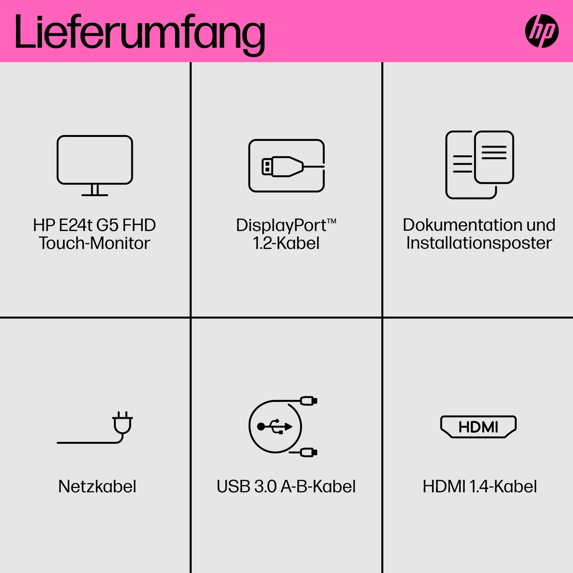 HP E24t G5 – Monitor, 23,8" 1920 × 1080 (Full HD), IPS, Touch, 75 Hz, 300 cd/m², VESA 100 × 100, Schwarz