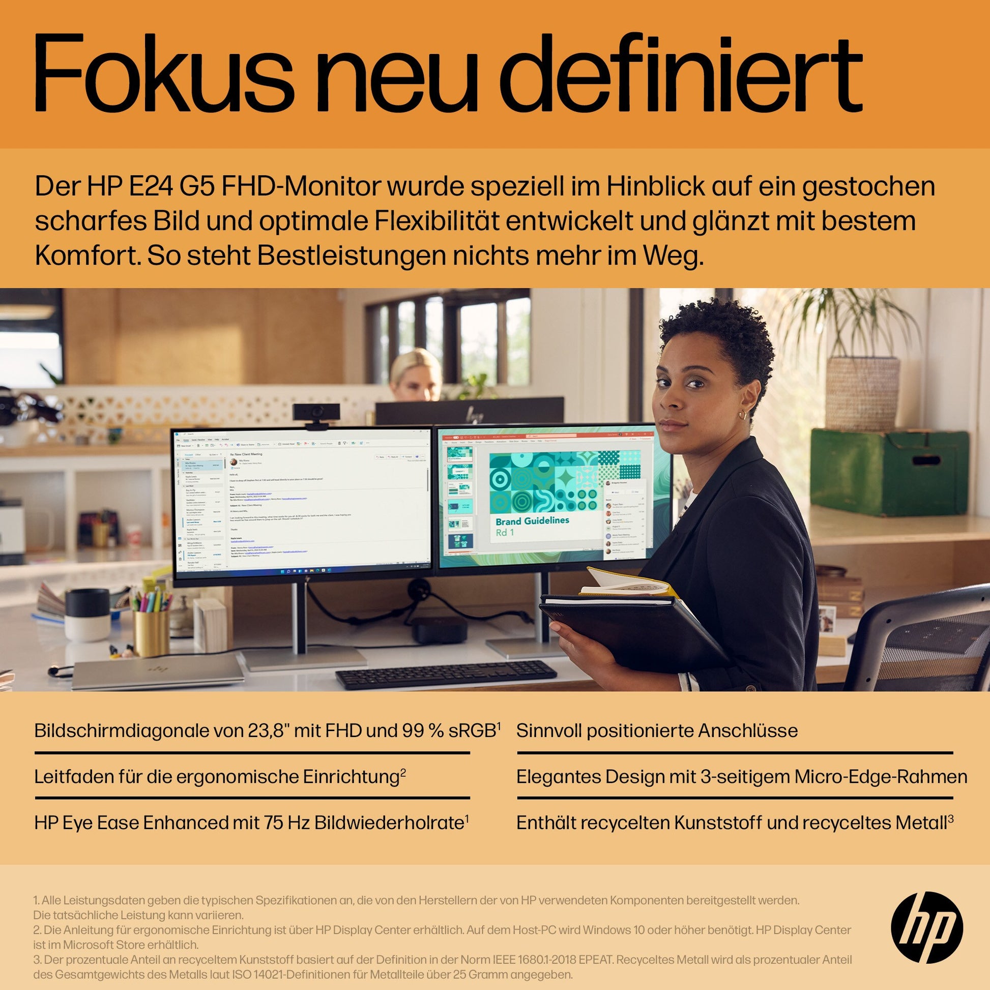 HP E24 G5 – Monitor, 23,8", 1920 × 1080 (Full HD), IPS, 75 Hz, 250 cd/m², USB-Hub, VESA 100 × 100, Silber