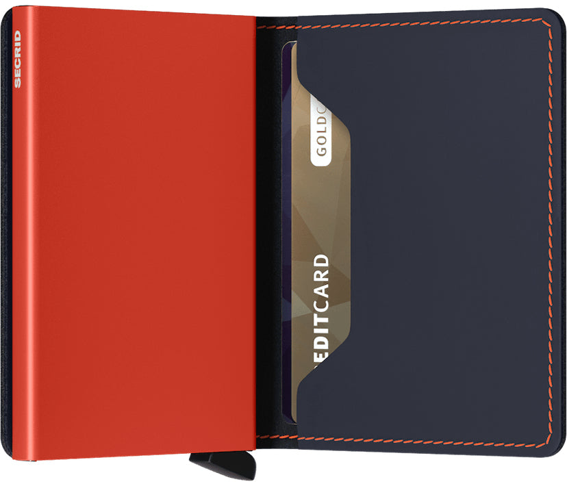 Secrid Slimwallet Kartenetui – RFID-Schutz – 12 Karten, 68 × 102 × 16 mm – Leder – Nightblue/Orange