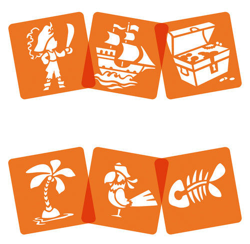 Avenue Mandarine Malschablonen-Set, Piraten, 15 × 15 cm, 6er-Set, Kunststoff, Orange/Transparent