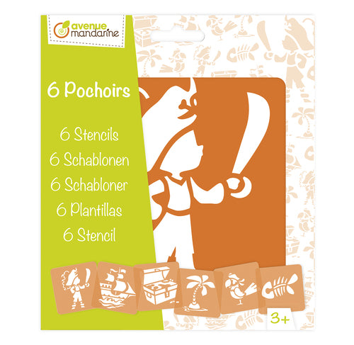 Avenue Mandarine Malschablonen-Set, Piraten, 15 × 15 cm, 6er-Set, Kunststoff, Orange/Transparent