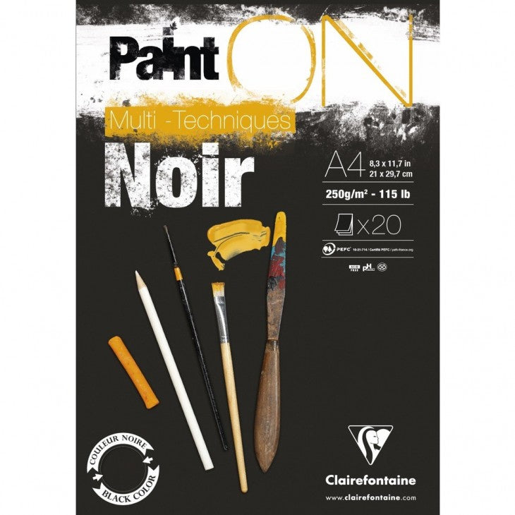 Clairefontaine Paint'On Zeichenblock – A4, schwarz, strukturiert, geleimt, 20 Blatt, für Mixed Media