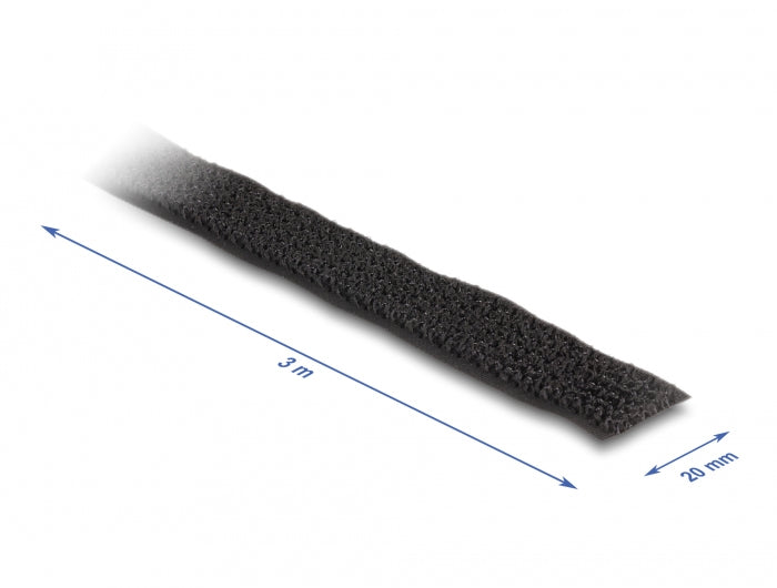 DeLOCK Klettband, 20 mm × 3 m, wiederverwendbar – schwarz