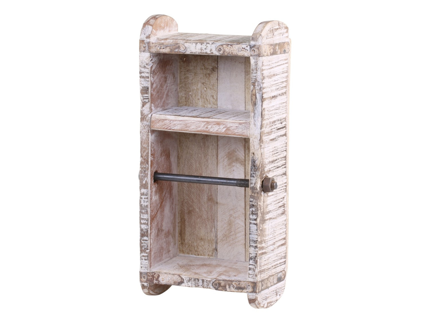 Chic Antique Toilettenpapierhalter – Holz (Kiefer), Eisen, Weiss, Wandmontiert, Zum Bohren, Mit Ablage, 10 ×