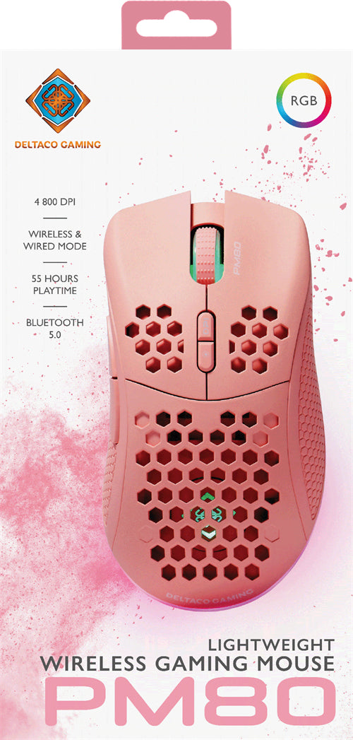Deltaco Gaming GAM-120-P – Gaming-Maus – Kabellos (Bluetooth/2,4 GHz), 4800 DPI, Rechts, Pink