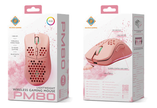 Deltaco Gaming GAM-120-P – Gaming-Maus – Kabellos (Bluetooth/2,4 GHz), 4800 DPI, Rechts, Pink