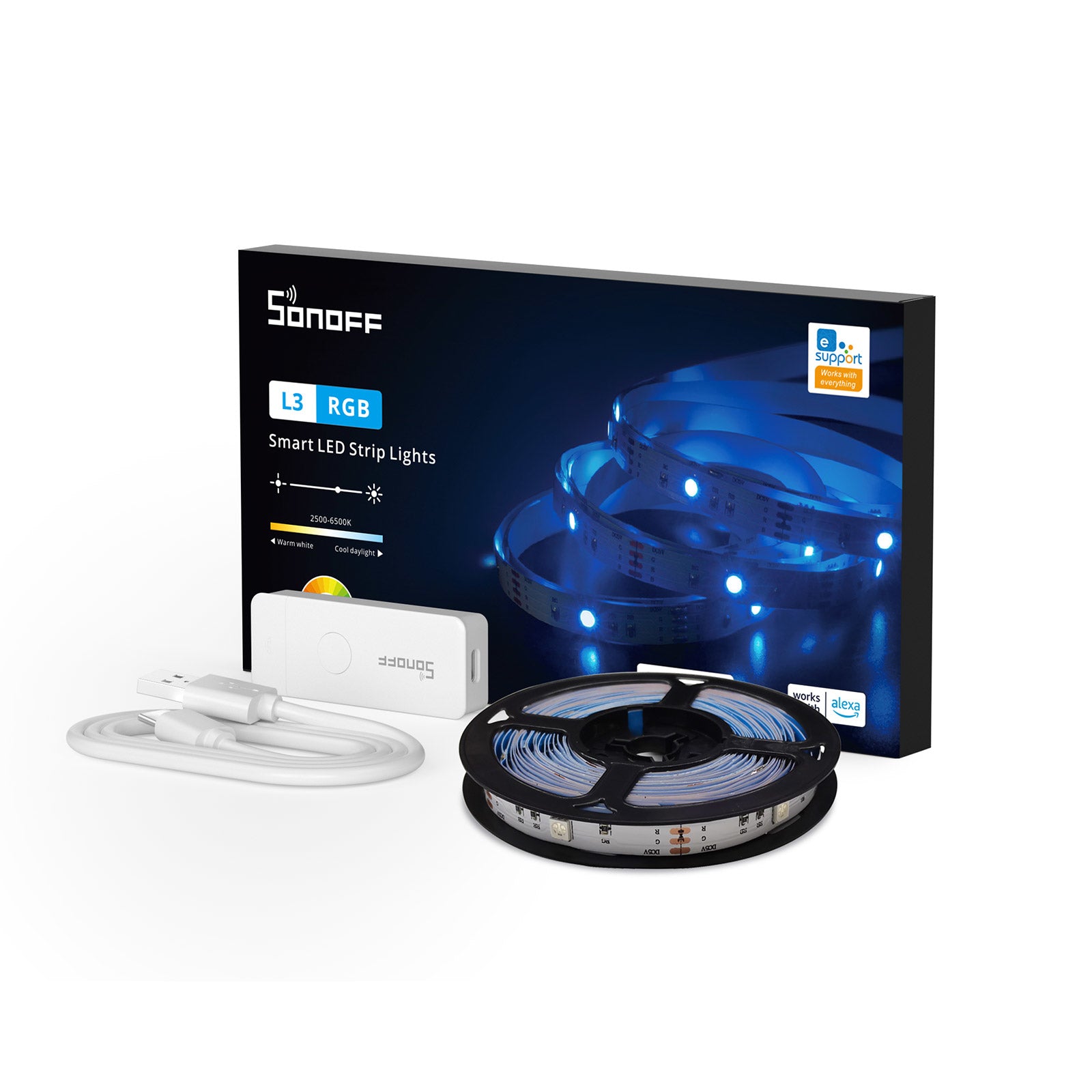 Sonoff LED-Strip L3-5M – 5 m, 10 W, RGB, 2500–6500 K, dimmbar, WiFi/BT, für Alexa/Google, weiss