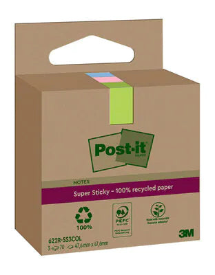 Post-it Super Sticky Haftnotizen – 47,6×47,6 mm – sortiert, 3×70 Blatt, PEFC