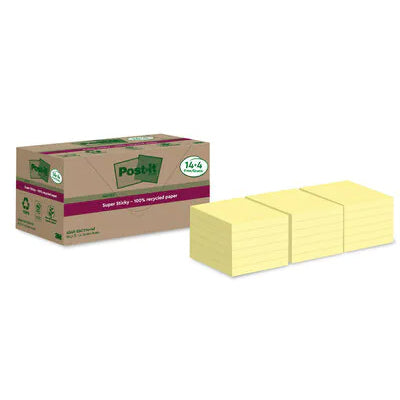 Post-it Haftnotizen Super Sticky Recycling – 76×76 mm – gelb, 18×70 Blatt, PEFC