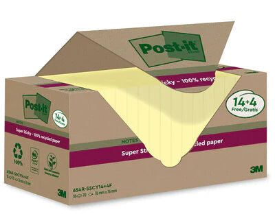 Post-it Haftnotizen Super Sticky Recycling – 76×76 mm – gelb, 18×70 Blatt, PEFC