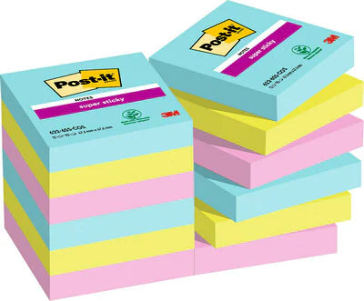 Post-it Super Sticky Haftnotizen – 47,6×47,6 mm – sortiert, 12×90 Blatt, PEFC