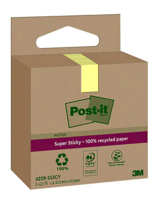 Post-it Haftnotizen Super Sticky – 47,6×47,6 mm – Gelb, 3×70 Blatt, PEFC