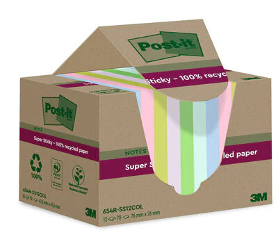 Post-it Haftnotizen Super Sticky – 76×76 mm – sortiert, 12×70 Blatt, PEFC