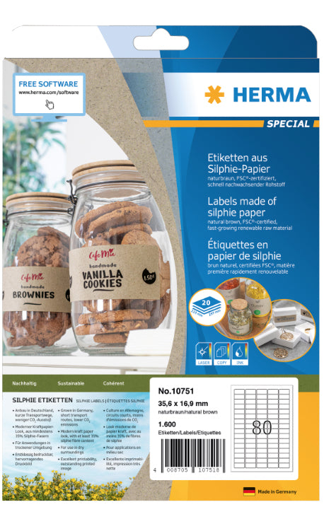 HERMA Drucketiketten, 36 mm × 17 mm, braun, Papier, permanent, 20 Blatt (1600 Etiketten)