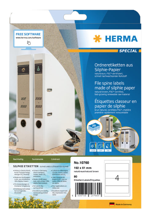 HERMA Druckeretiketten, 192 mm × 61 mm, braun, Papier, permanent, 20 Blatt (80 Etiketten)