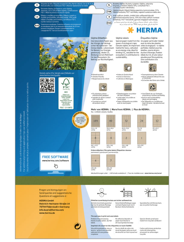 HERMA Druckeretiketten, 192 mm × 61 mm, braun, Papier, permanent, 20 Blatt (80 Etiketten)