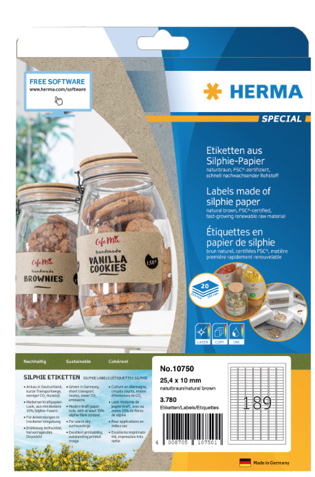 HERMA Drucketiketten, 25 mm × 10 mm (A4), braun, Papier, permanent, 20 Blätter