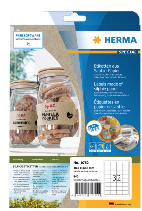 HERMA Drucketiketten, 48 mm × 34 mm, braun, Papier, permanent, 20 Blatt (640 Etiketten)