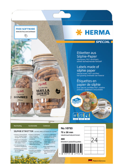 HERMA Drucketiketten, 70 mm × 36 mm, braun, Papier, permanent, Packung 20 Blatt (480 Etiketten)