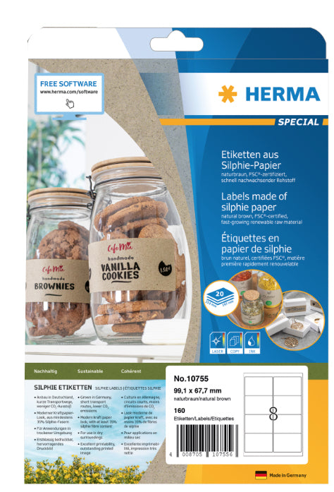 HERMA Druckeretiketten, 99 mm × 68 mm, braun, Papier, permanent, 20 Blatt (160 Etiketten)
