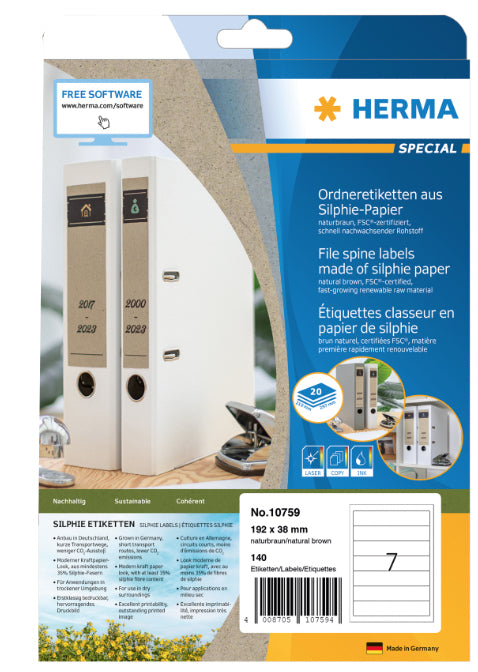 HERMA Etiketten, 192 mm × 38 mm, braun, Papier, permanent, 20 Blätter (140 Etiketten)
