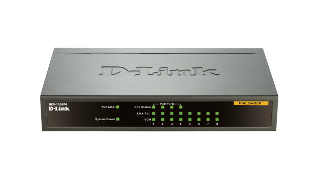 D-Link DES-1008PA – Unmanaged L2 Switch – 8× 10/100, PoE, PoE-Budget 52 W