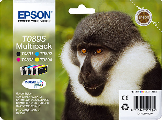 Epson T0895 Tintenpatronen-Multipack, Schwarz/Cyan/Magenta/Gelb (Original) – für Stylus SX415/410/405