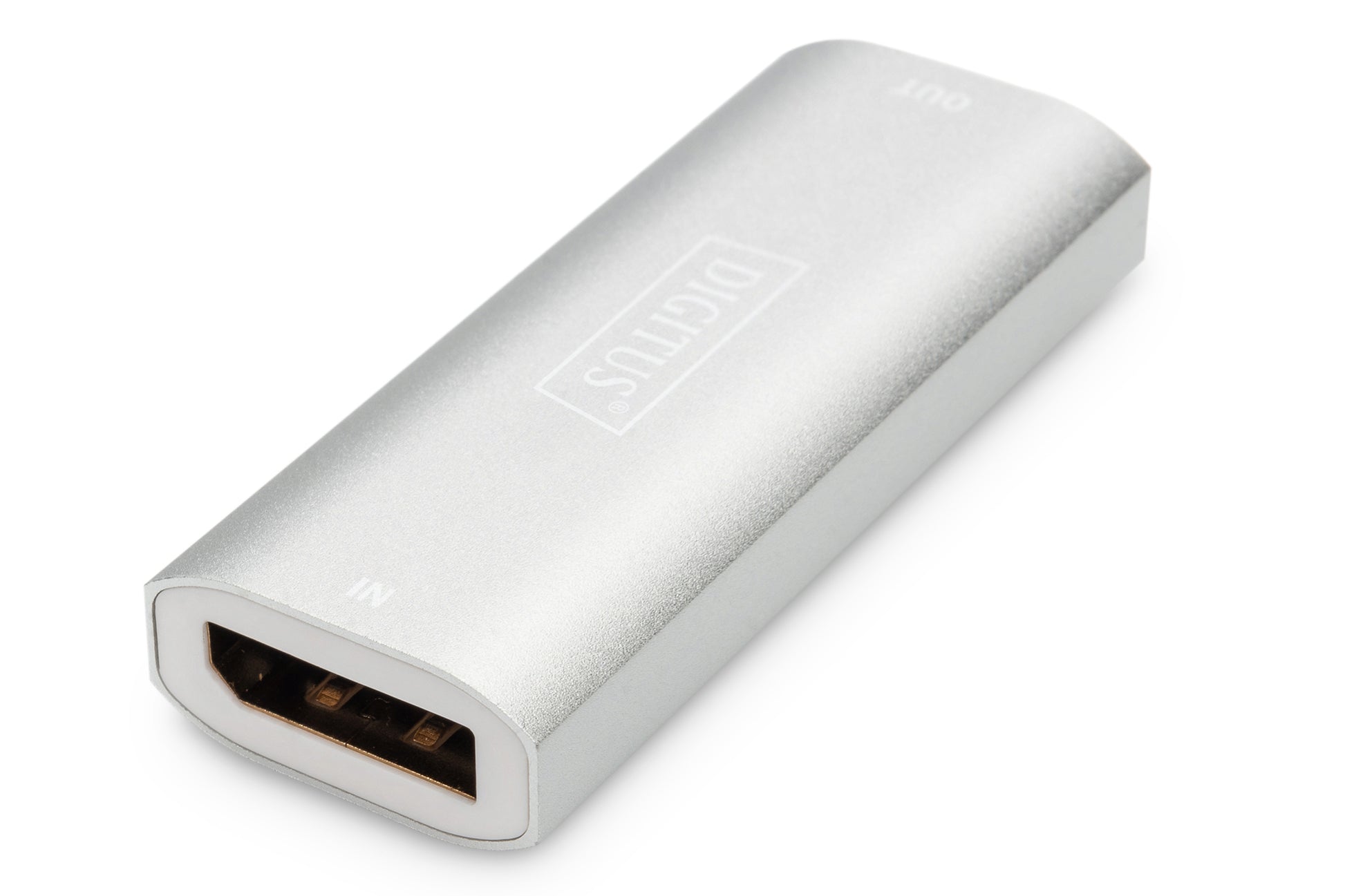 Digitus AV-Repeater, kabelgebunden, 1× DP In / 1× DP Out, 8K@120 Hz, 30 m, HDR, USB (Mikro-USB), Silber