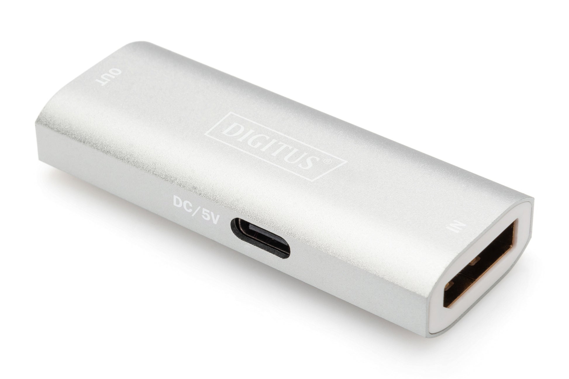 Digitus AV-Repeater, kabelgebunden, 1× DP In / 1× DP Out, 8K@120 Hz, 30 m, HDR, USB (Mikro-USB), Silber