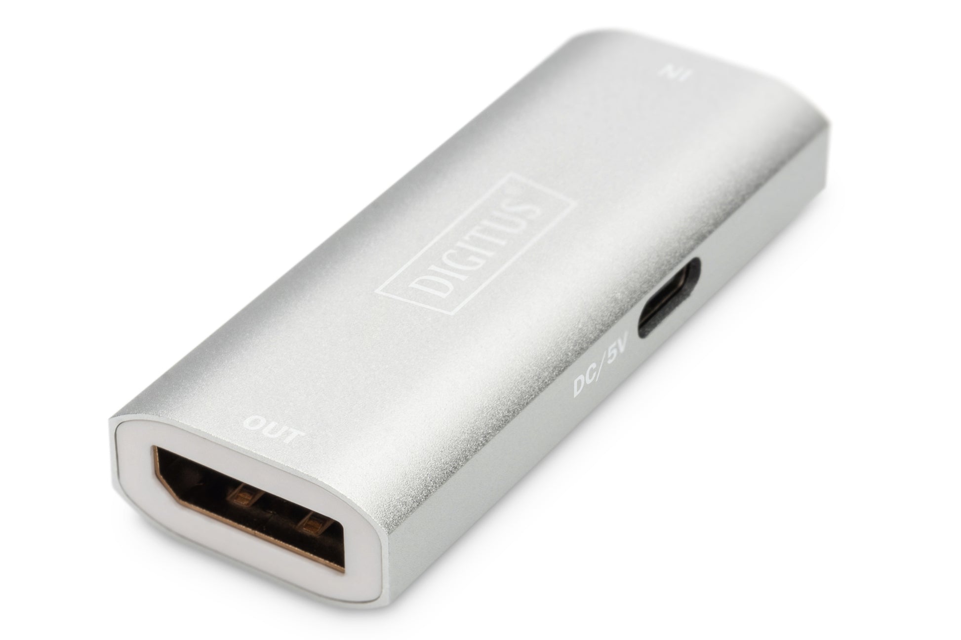 Digitus AV-Repeater, kabelgebunden, 1× DP In / 1× DP Out, 8K@120 Hz, 30 m, HDR, USB (Mikro-USB), Silber