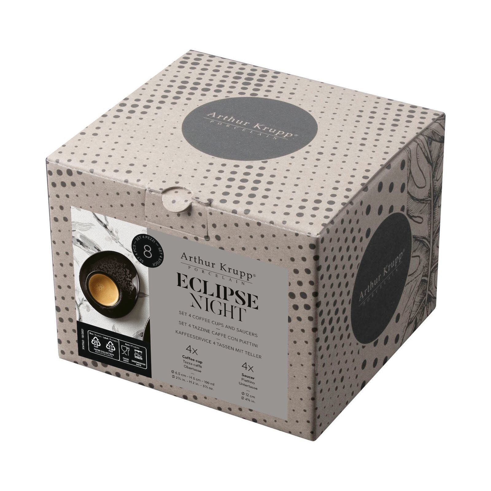 Arthur Krupp Espressotasse Eclipse – 8-teiliges Set, 100 ml, Porzellan, spülmaschinenfest, mikrowellengeeignet