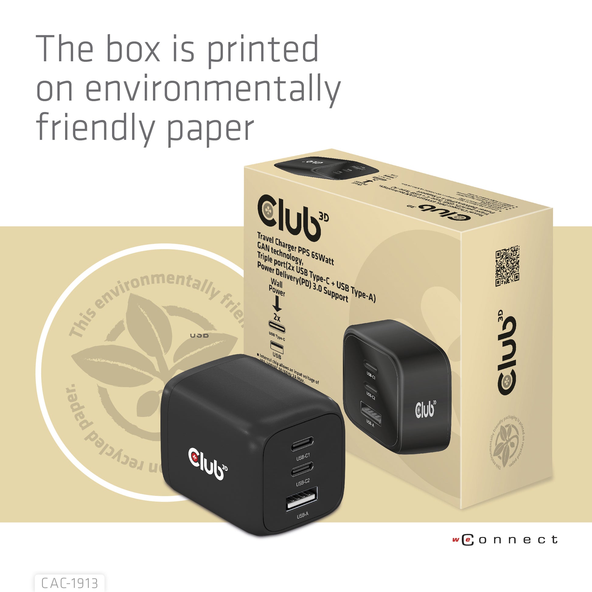 CLUB3D Club 3D CAC-1913EU USB-Ladegerät 65 W – USB-C×2, USB-A×1 – PD, PPS, GaN – Schwarz