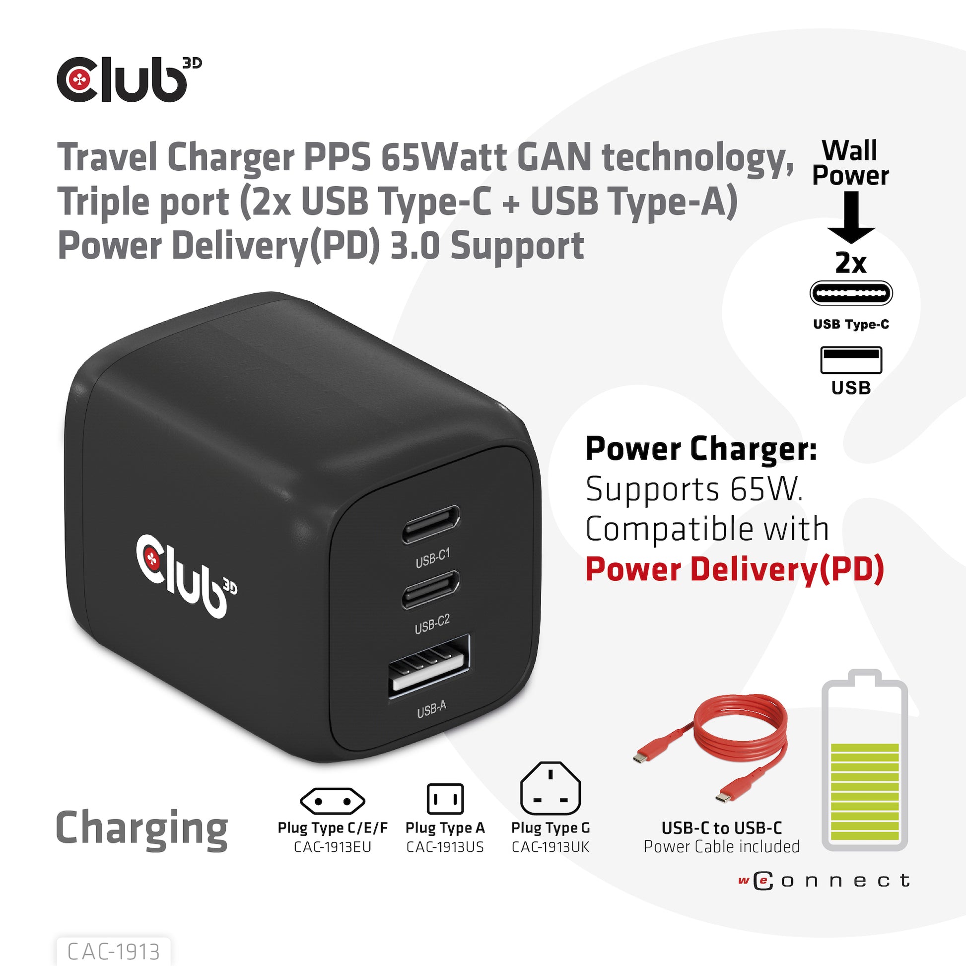 CLUB3D Club 3D CAC-1913EU USB-Ladegerät 65 W – USB-C×2, USB-A×1 – PD, PPS, GaN – Schwarz