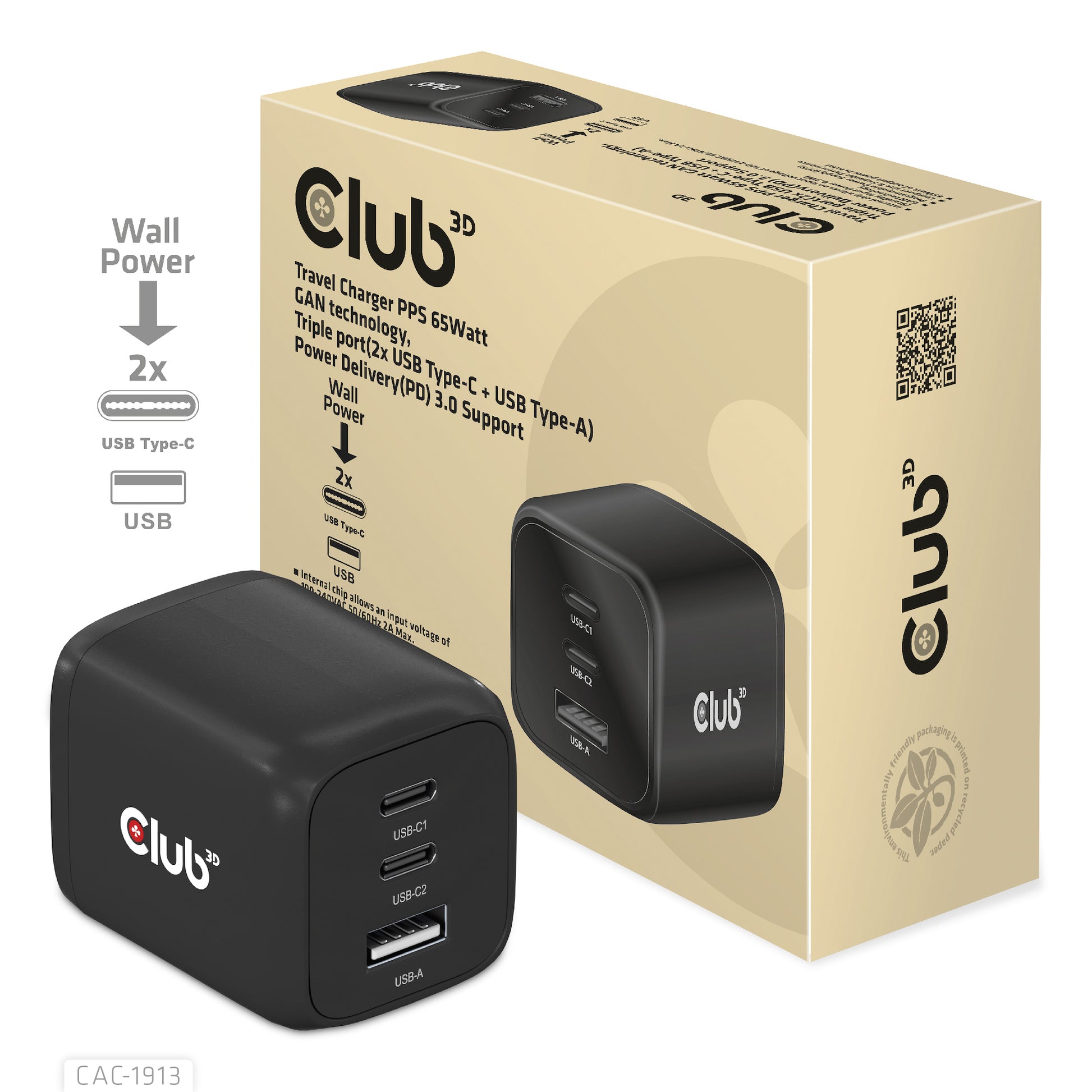 CLUB3D Club 3D CAC-1913EU USB-Ladegerät 65 W – USB-C×2, USB-A×1 – PD, PPS, GaN – Schwarz