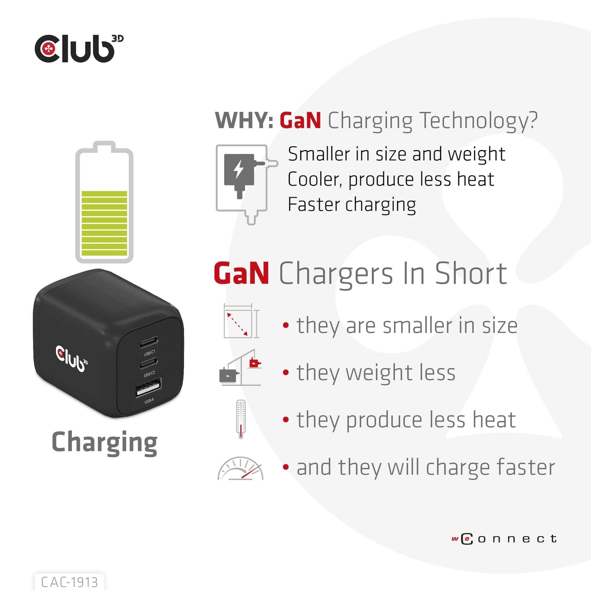 CLUB3D Club 3D CAC-1913EU USB-Ladegerät 65 W – USB-C×2, USB-A×1 – PD, PPS, GaN – Schwarz