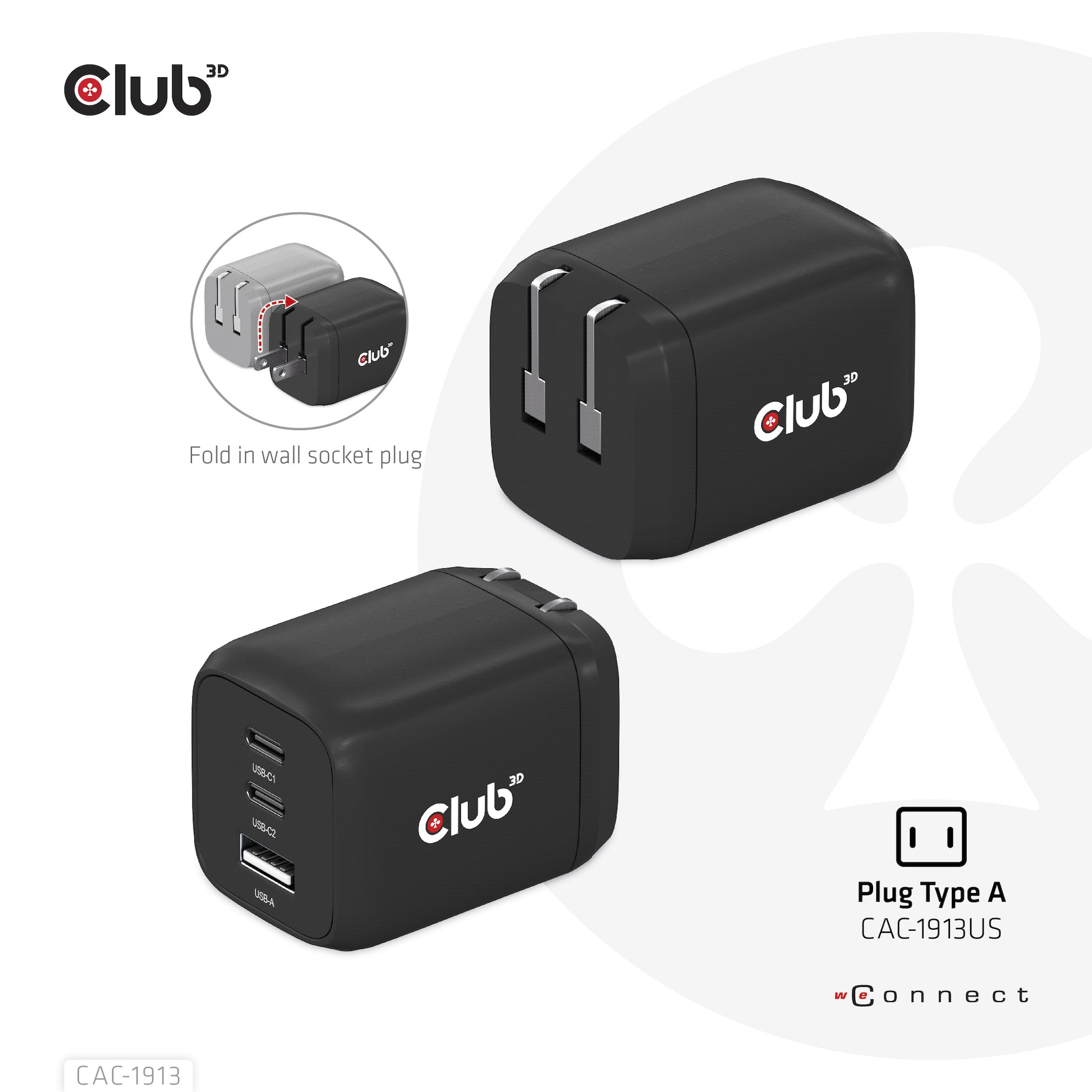 CLUB3D Club 3D CAC-1913EU USB-Ladegerät 65 W – USB-C×2, USB-A×1 – PD, PPS, GaN – Schwarz