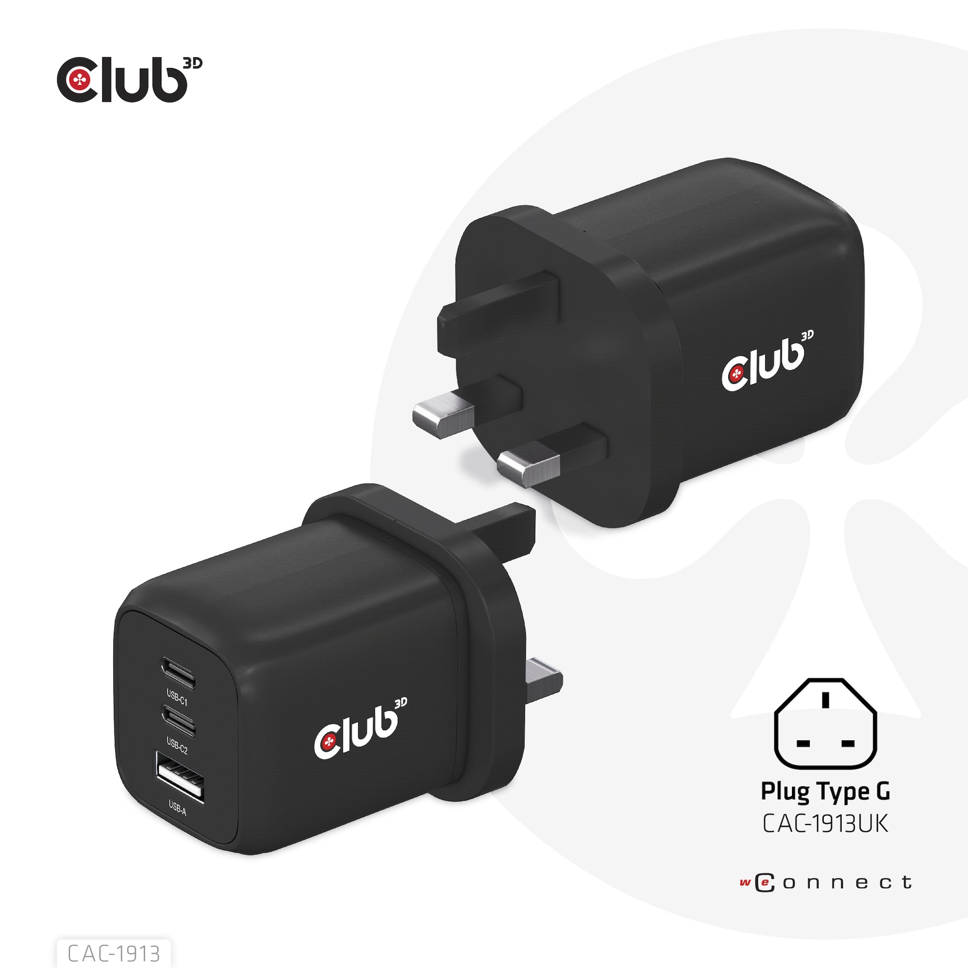 CLUB3D Club 3D CAC-1913EU USB-Ladegerät 65 W – USB-C×2, USB-A×1 – PD, PPS, GaN – Schwarz