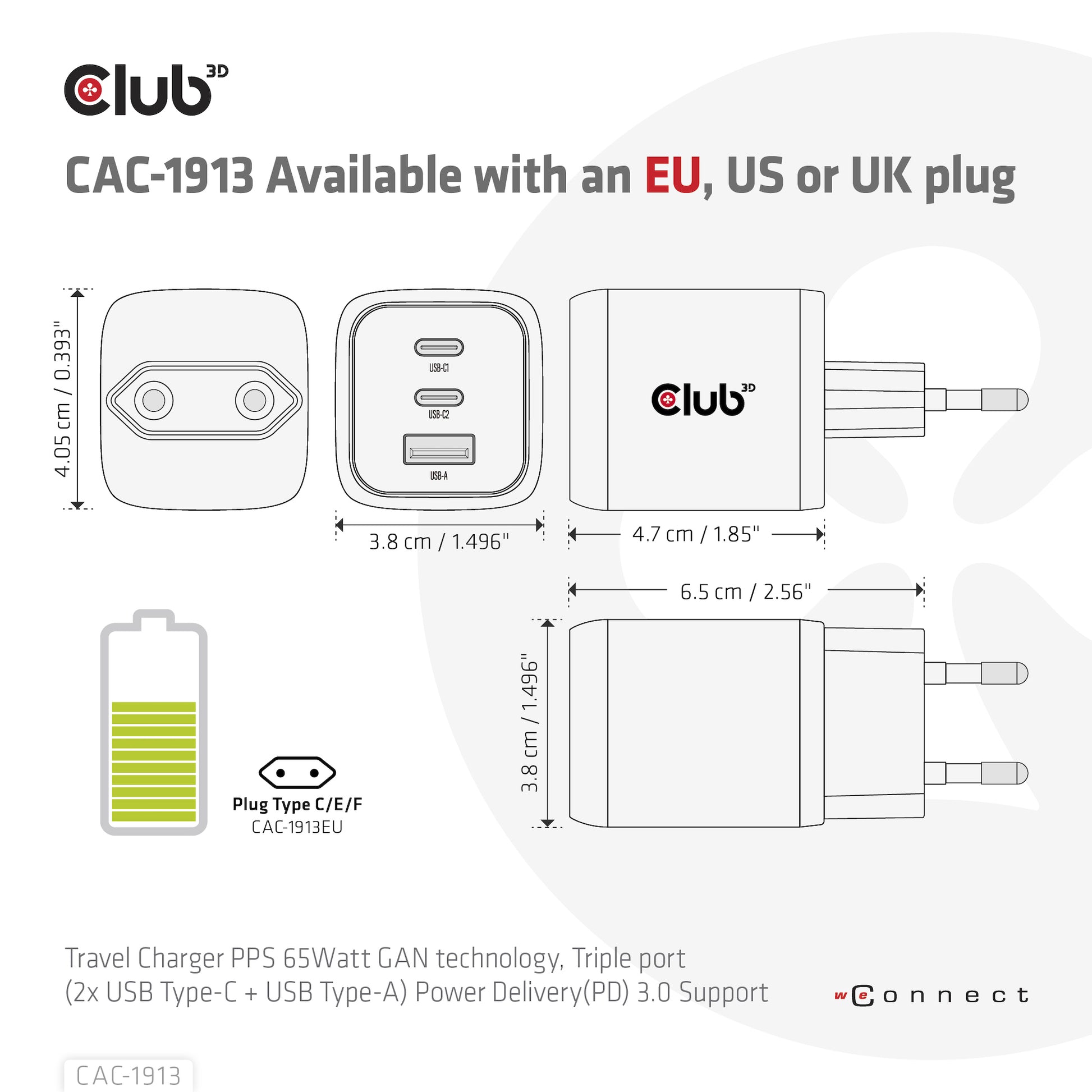 CLUB3D Club 3D CAC-1913EU USB-Ladegerät 65 W – USB-C×2, USB-A×1 – PD, PPS, GaN – Schwarz