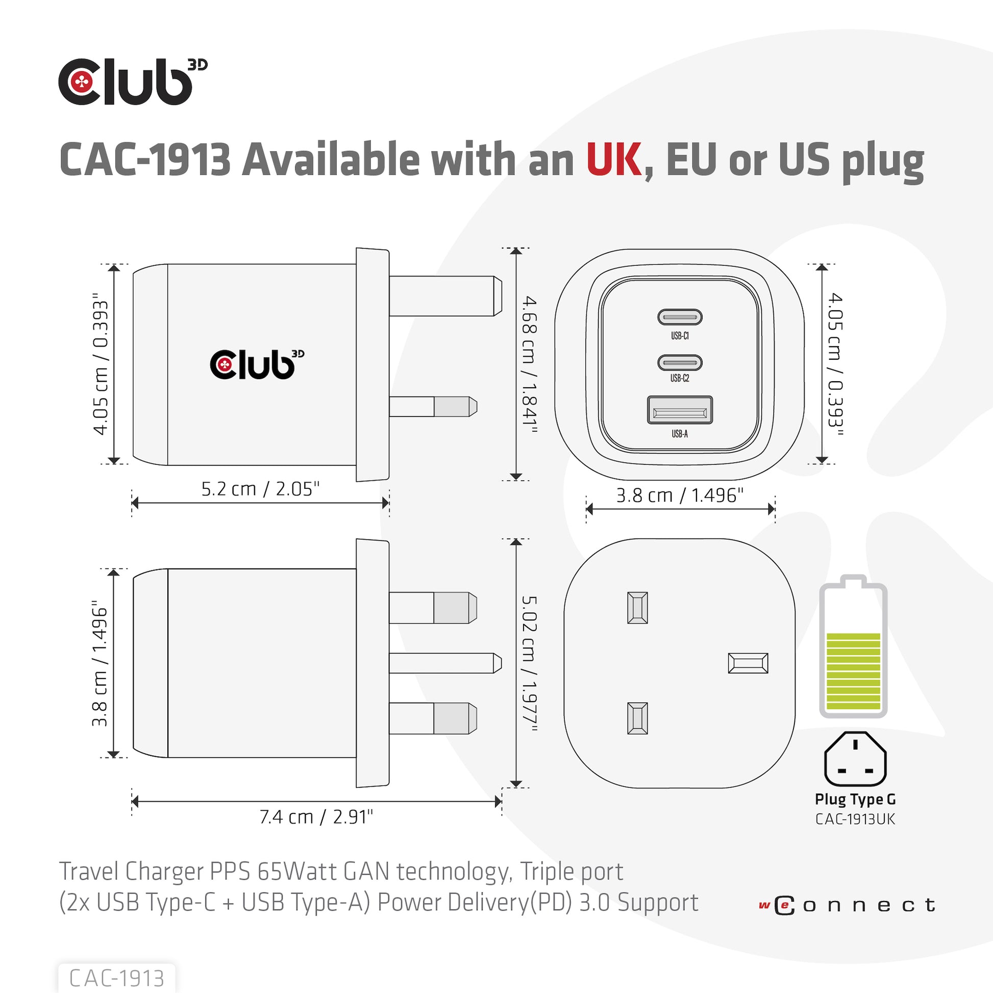 CLUB3D Club 3D CAC-1913EU USB-Ladegerät 65 W – USB-C×2, USB-A×1 – PD, PPS, GaN – Schwarz