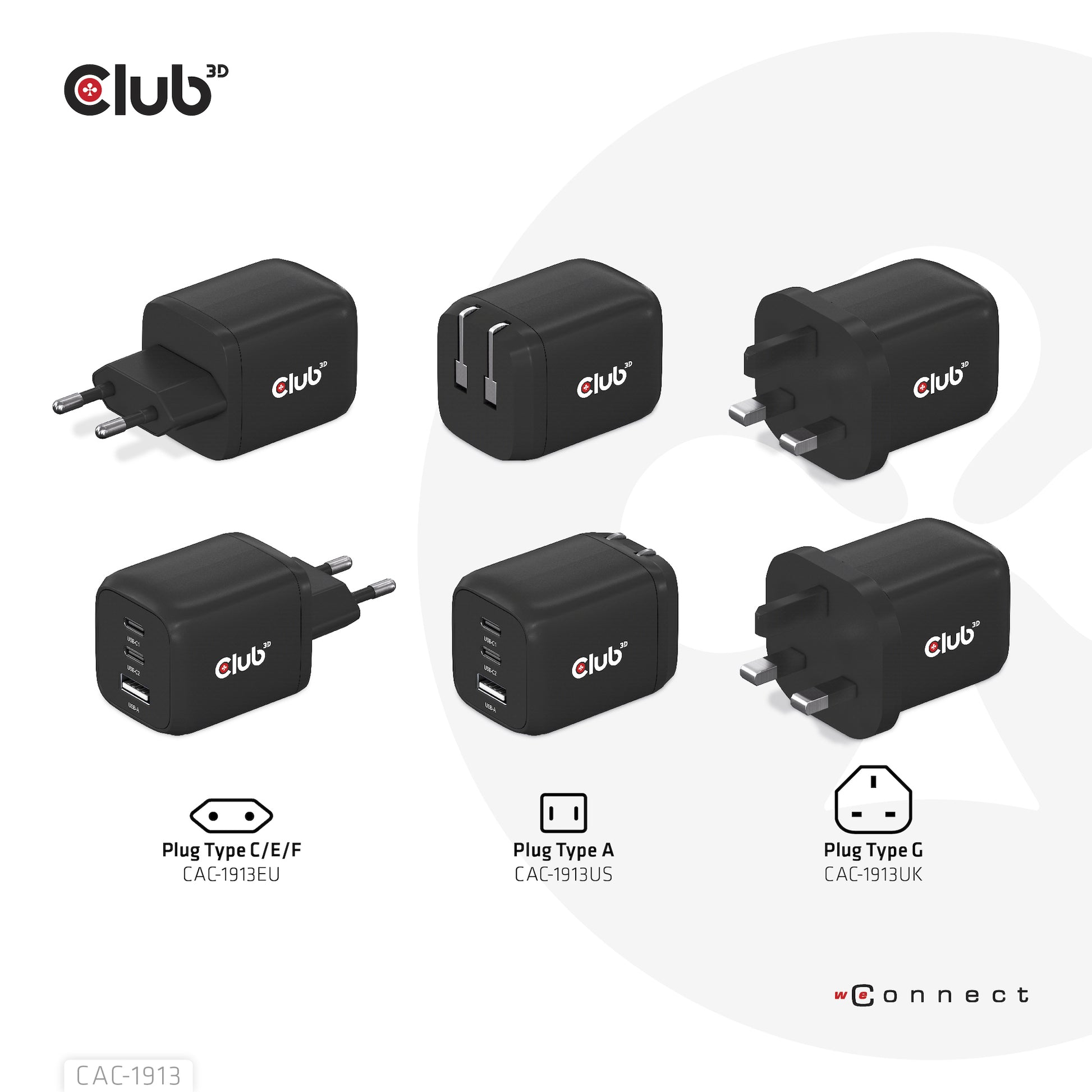 CLUB3D Club 3D CAC-1913EU USB-Ladegerät 65 W – USB-C×2, USB-A×1 – PD, PPS, GaN – Schwarz