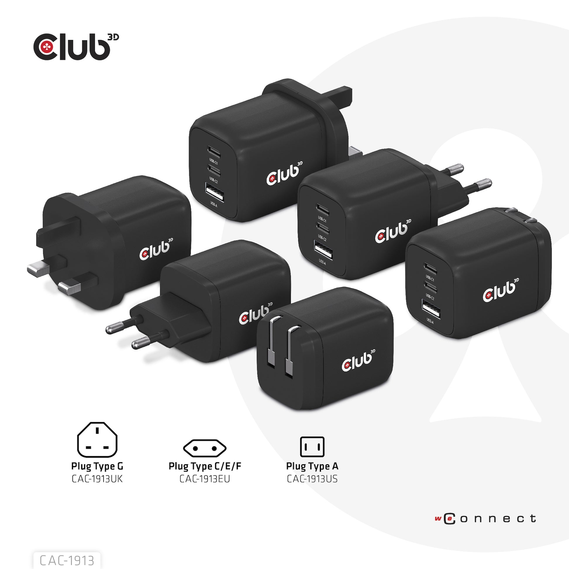 CLUB3D Club 3D CAC-1913EU USB-Ladegerät 65 W – USB-C×2, USB-A×1 – PD, PPS, GaN – Schwarz