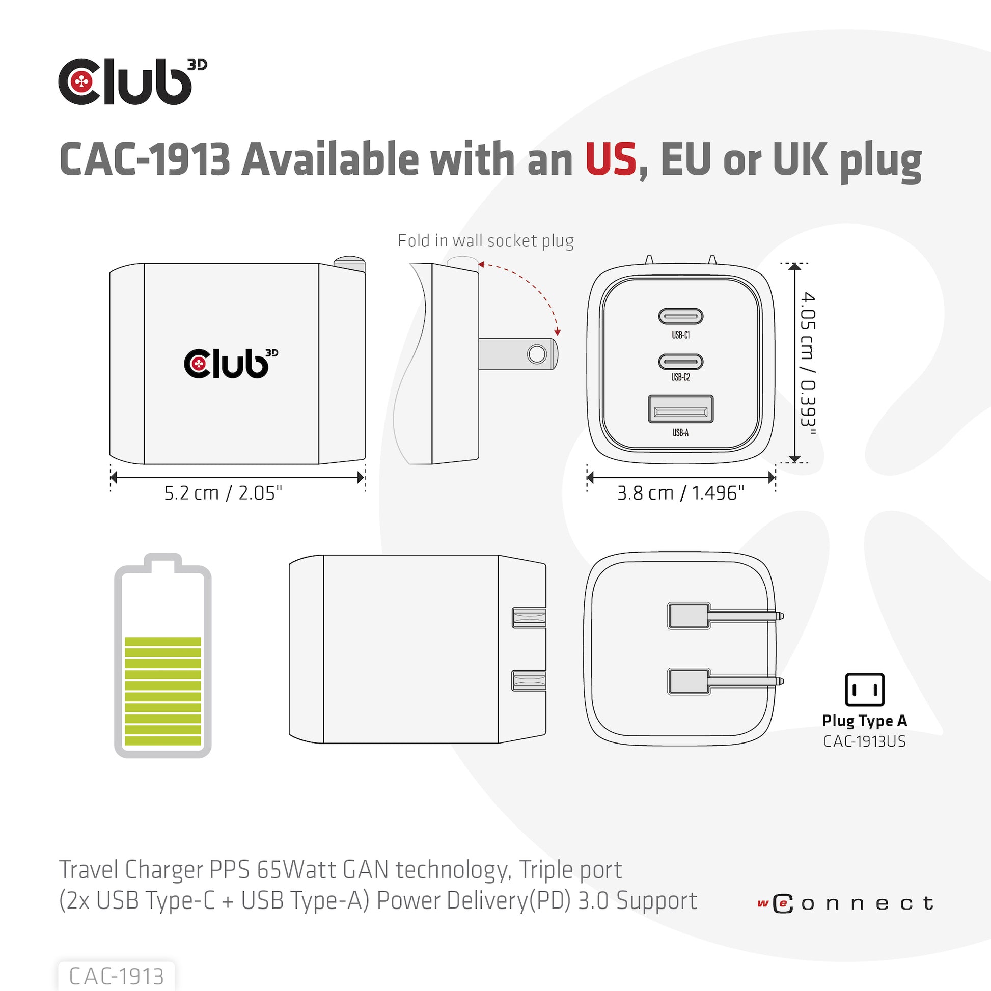 CLUB3D Club 3D CAC-1913EU USB-Ladegerät 65 W – USB-C×2, USB-A×1 – PD, PPS, GaN – Schwarz