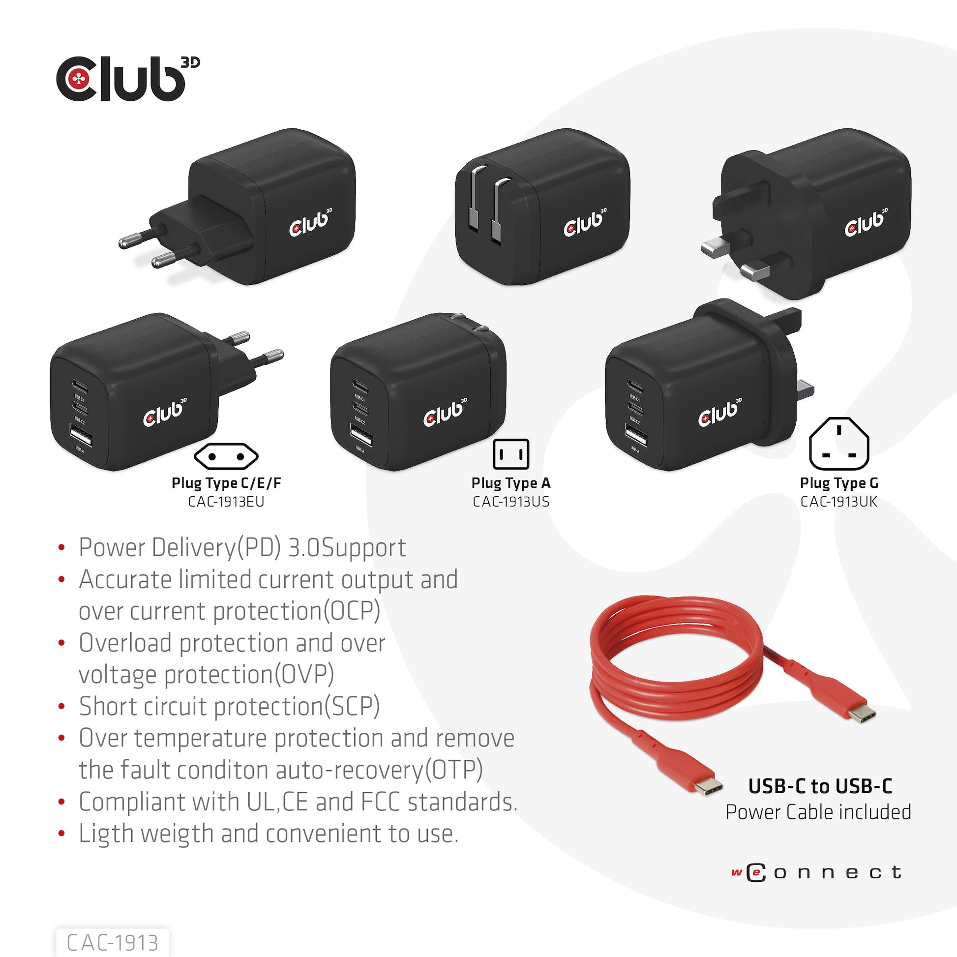 CLUB3D Club 3D CAC-1913EU USB-Ladegerät 65 W – USB-C×2, USB-A×1 – PD, PPS, GaN – Schwarz