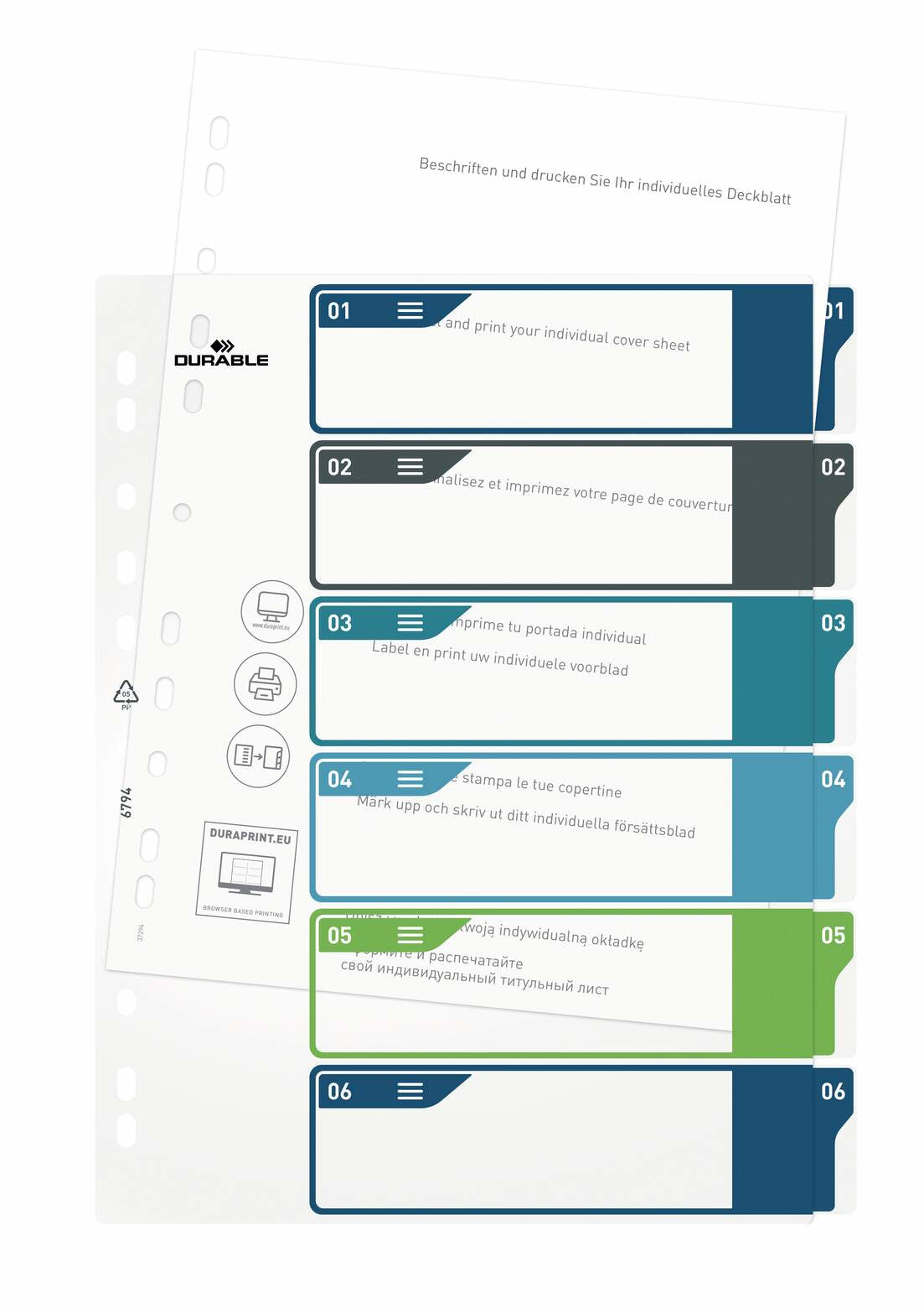 Durable Register A4+ Überbreit – Blanko 1–6, PP Mehrfarbig, Universallochung, Transparentes Frontblatt
