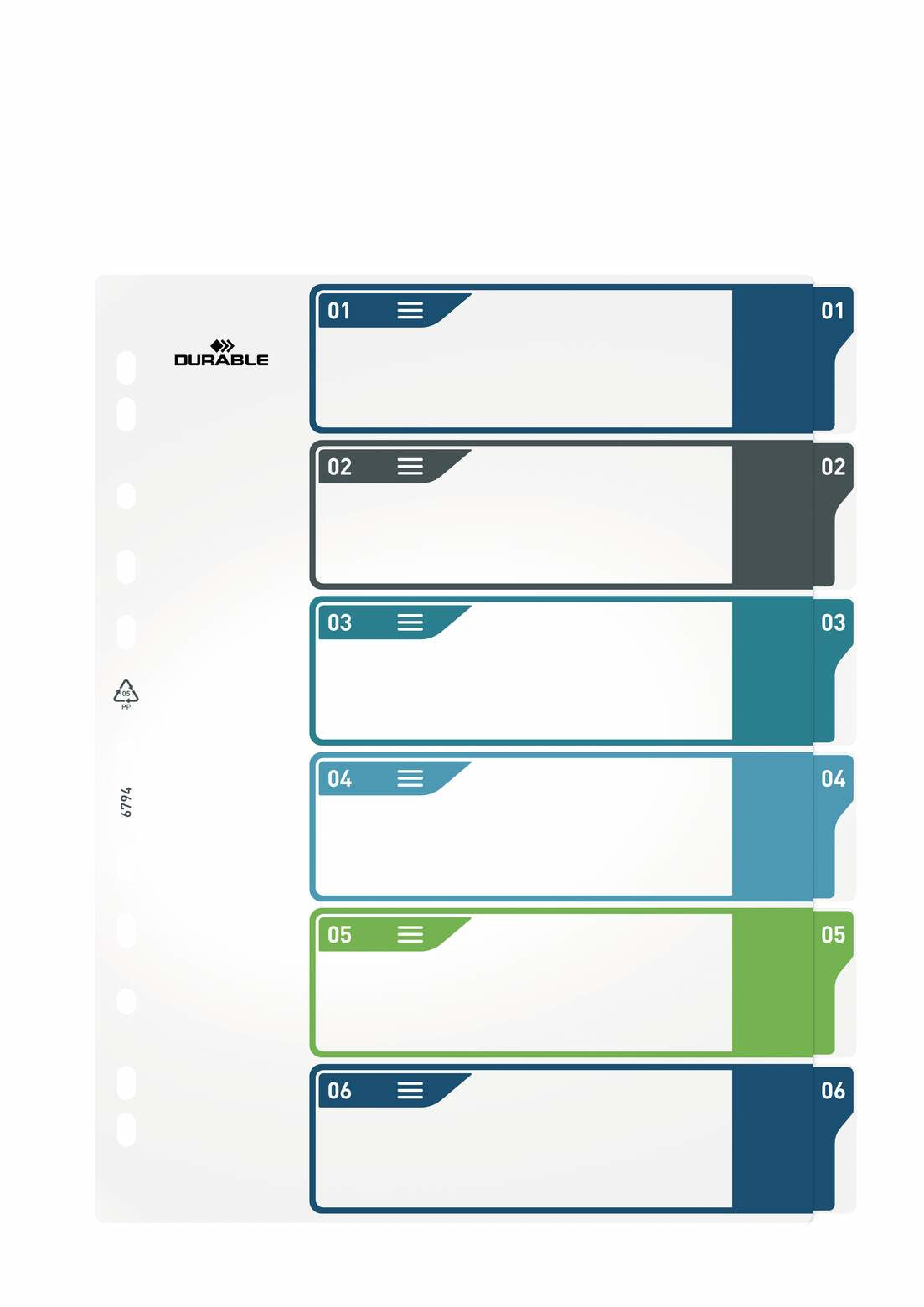 Durable Register A4+ Überbreit – Blanko 1–6, PP Mehrfarbig, Universallochung, Transparentes Frontblatt
