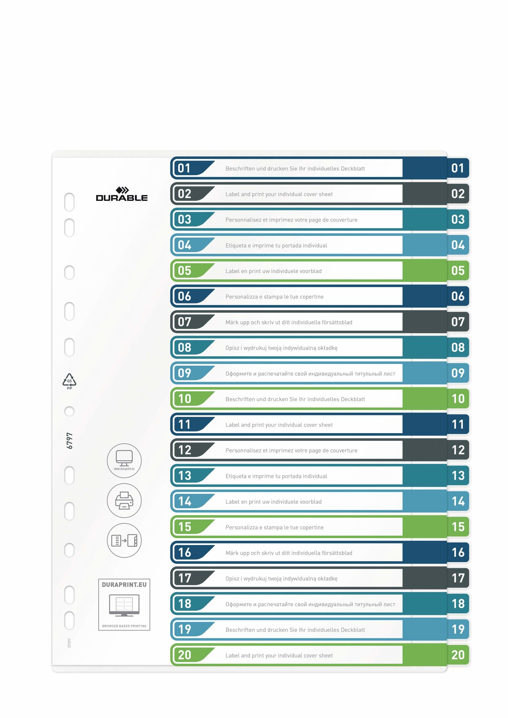 Durable Register – A4+, 20-teilig, PP, farbig, unbedruckt, überbreit