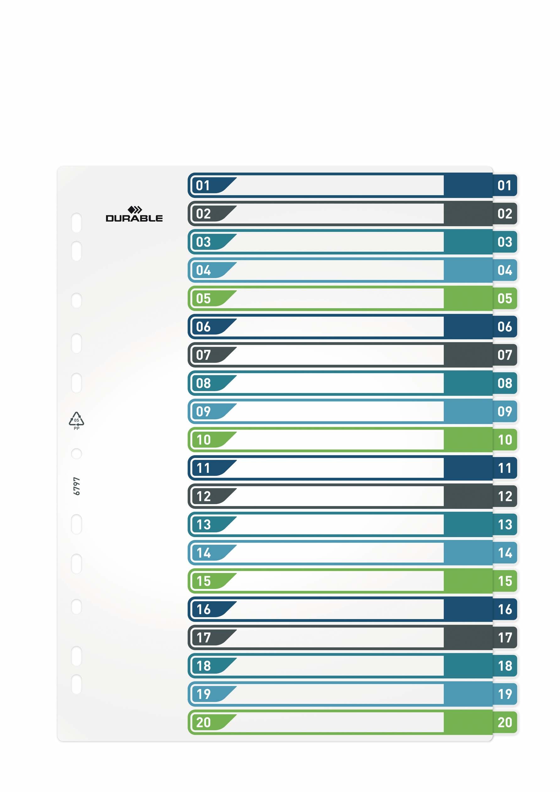 Durable Register – A4+, 20-teilig, PP, farbig, unbedruckt, überbreit