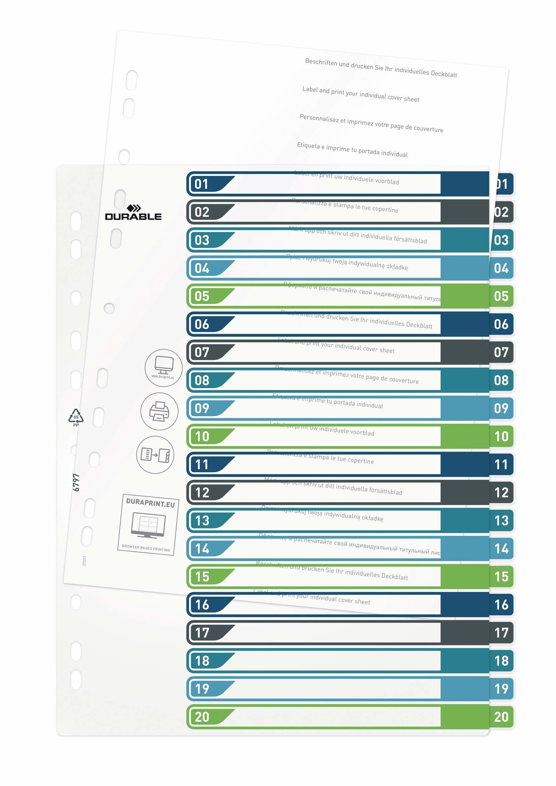 Durable Register – A4+, 20-teilig, PP, farbig, unbedruckt, überbreit