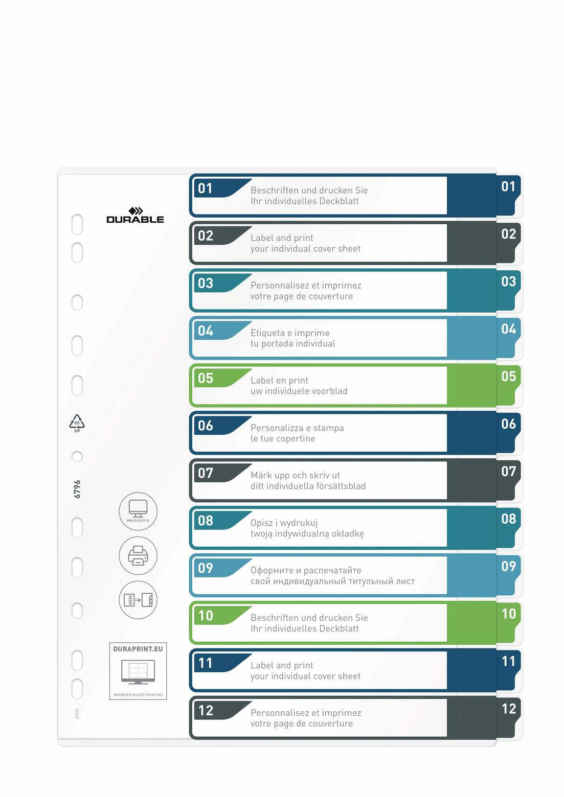 Durable Register A4+ Überbreit – Nummeriert 1–12, 12 Taben, PP, Mehrfarbig, mit Indexblatt, Universallochung
