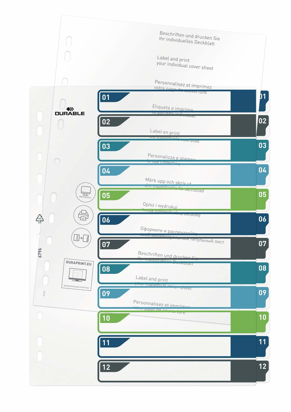 Durable Register A4+ Überbreit – Nummeriert 1–12, 12 Taben, PP, Mehrfarbig, mit Indexblatt, Universallochung